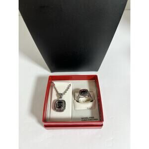 New Vtg. Brilliant 5ct Crystal Black Pendant Necklace & Ring Set 16” L 7 Sz Ring